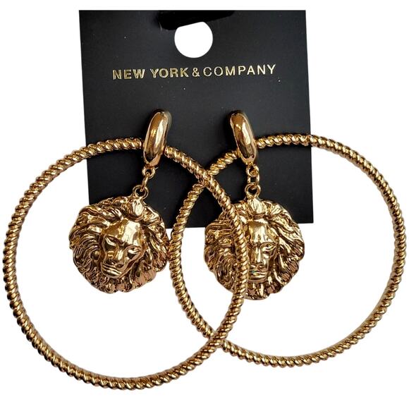 3" Hoop Earrings Gold Large Lion Head Medallion Statement Jewelry , Gift Bag - Picture 1 of 10
